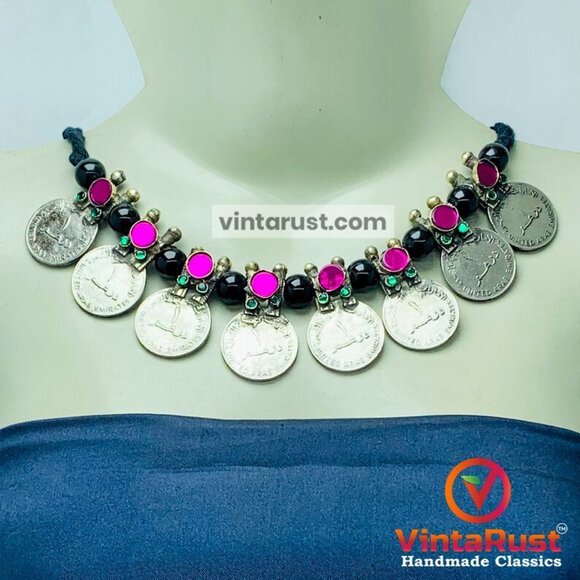 Vintage Coins Necklace With Earrings, Coins Jewelry Set With Glass Stones - Picture 4 of 11